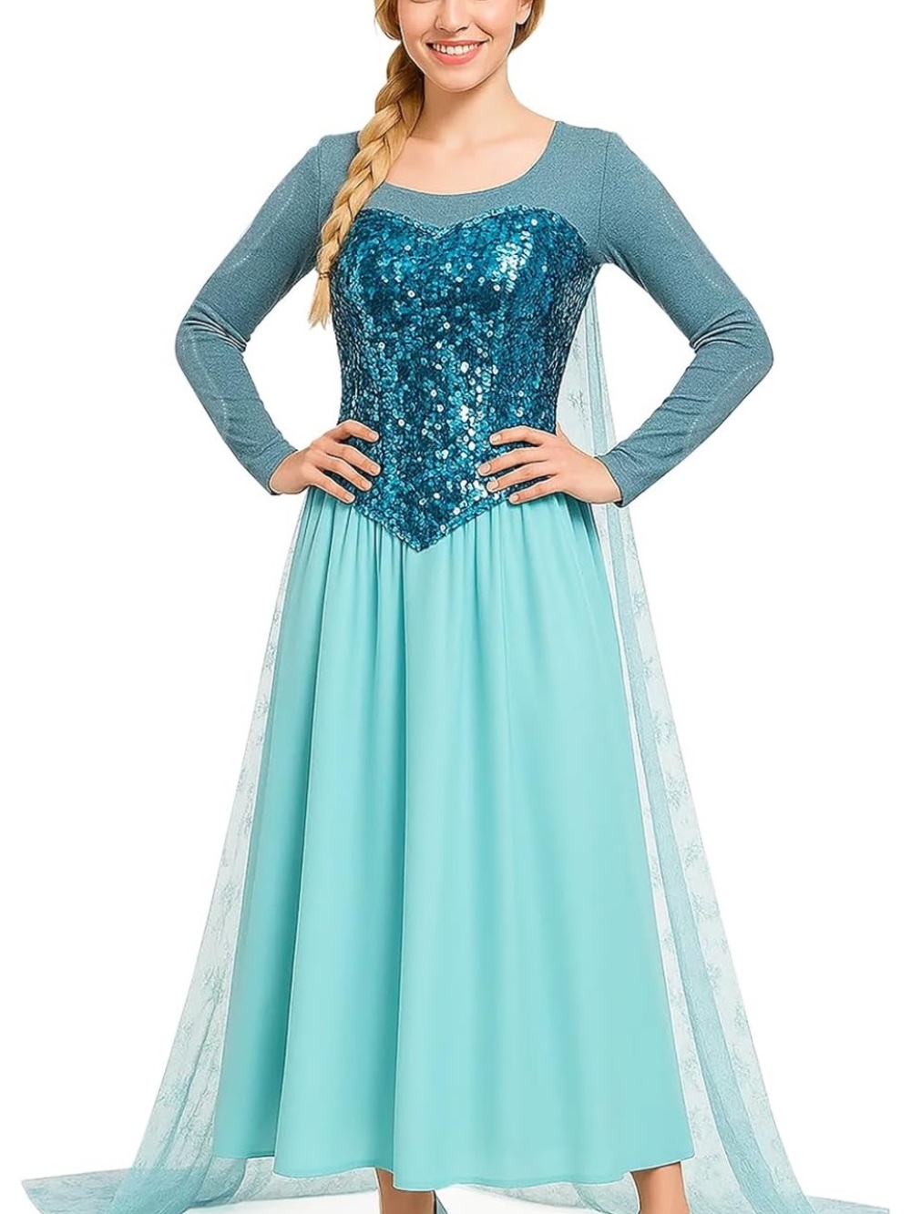 Disney Princess Style Snow Queen Sequin Teal & Light Blue Long Sleeve Dress